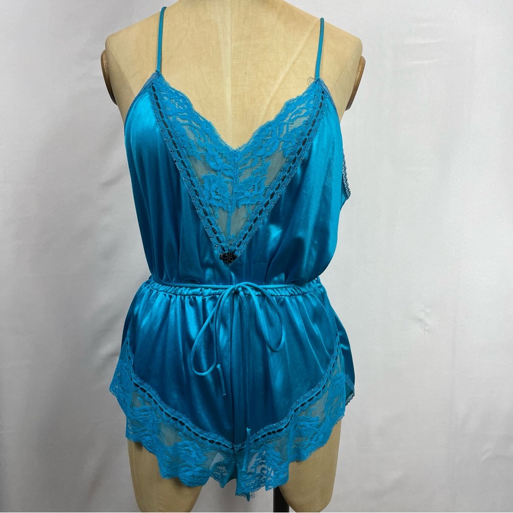 Vtg Teal Blue Satin Romper Bodysuit MED Lace Teddy Cheeky Lingerie Pin Up Glam